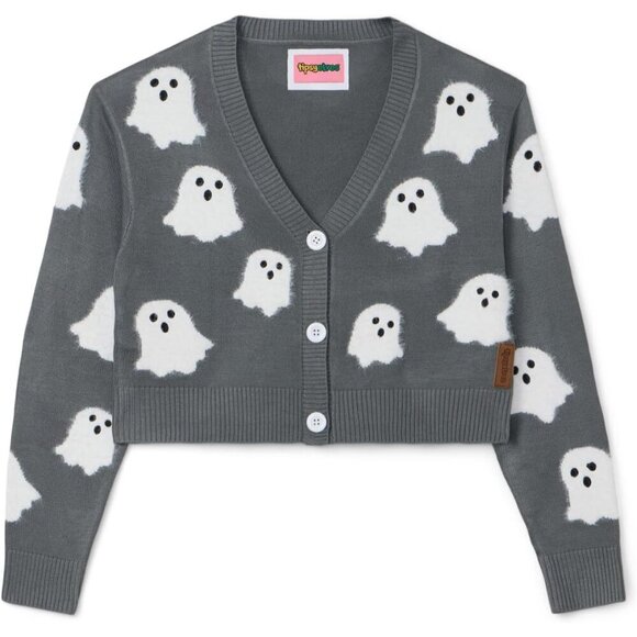 Women’s Fuzzy Ghost Print Cardigan Cropped Halloween Sweater Cozy Warm - Picture 4 of 4